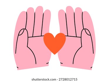 Dibujado a mano ilustración linda de dos manos sosteniendo el corazón en palmas abiertas. Amor o Asistencia sintiendo el garabato del gesto del brazo. Etiqueta engomada del día de San Valentín. Voluntariado y amabilidad. Concienciación sobre la salud mental. Aislado