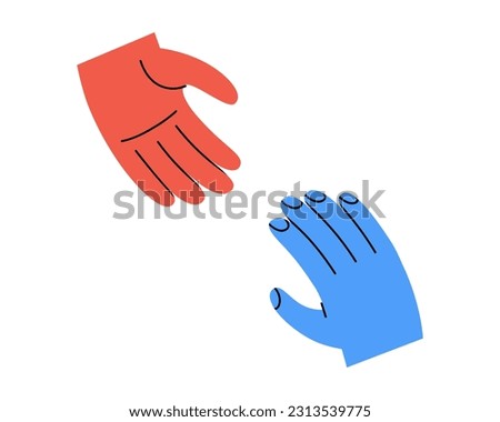 Hand drawn cute illustration of two hands reaching out to each other. Flat vector helping hand symbol in doodle style. Mental health, psychology sticker, icon. Isolated on white background.