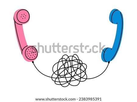 Hand drawn cute illustration of two retro phone handsets connected by tangled wire. Flat vector old telephone receiver sticker in doodle style. Difficult conversation icon. Misunderstanding. Isolated.