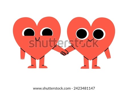 Hand drawn cute illustration two heart characters holding hands. Fall in love feeling in doodle style. Couple on date. Valentine's Day holiday romantic mascot sticker, icon. Isolated.