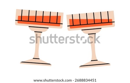 Hand drawn cute illustration two champagne saucers. Flat vector coupe cocktail or wine glass sticker doodle. Party or festival concept icon. Cheers and wineglass clinking. Celebration event. Isolated.