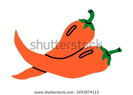 Hand drawn cute illustration of two chili peppers. Flat vector red hot spicy food  doodle. Fresh cayenne seasoning. Healthy eating sticker, icon. Mexican vegetable. Farm plant. Isolated.