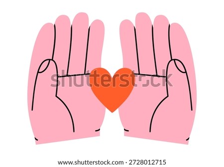 Hand drawn cute illustration of two hands holding heart in open palms. Love or support feeling arm gesture doodle. Valentine's Day sticker. Volunteering and kindness. Mental health awareness. Isolated