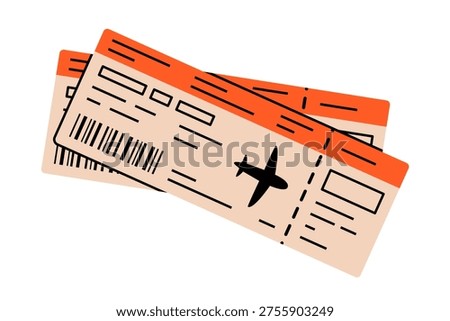 Hand drawn cute illustration of two plane tickets. Flat vector pair of boarding pass doodle sticker. Tourism or traveling icon. Digital booking service. Summer vacation. Isolated.