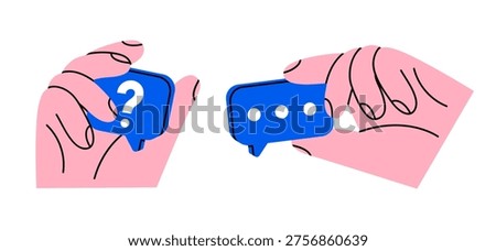 Hand drawn cute illustration of two human hands holding speech bubbles with dots and question mark. Flat vector arm gesture doodle. Questioning and answering. FAQ or customer support. Isolated.