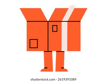 Hand drawn cute illustration of unpacking cardboard box with legs. Flat vector open package character doodle. Parcel shipping icon. Shopping logistics mascot. Delivery service sticker. Isolated.