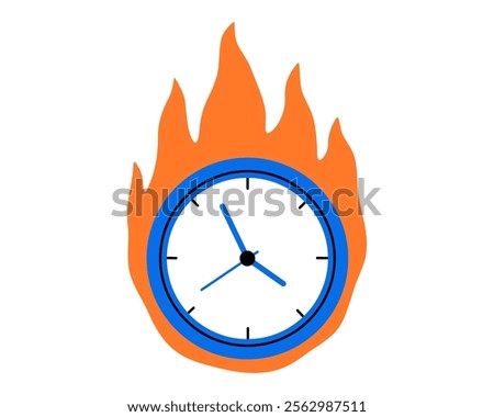 Hand drawn cute illustration of wall clock on fire. Flat vector time measurement device with dial doodle. Time passing quickly sticker, icon. Deadline, limited in time, countdown. Isolated.