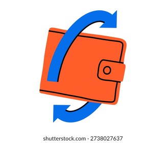 Hand drawn cute illustration of wallet with arrows. Flat vector money exchange sticker doodle. Shopping or payment transaction icon or print. P2P fintech. Digital banking purse. Isolated.