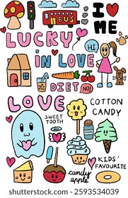 Hand drawn cute illustrations of bus, mushroom, street lights, home, girl, puppy, ice cream cone, carrot, cherry, ice milk tea, cotton candy, ghost, candy apple, cake, donut, sugar, heart balloon