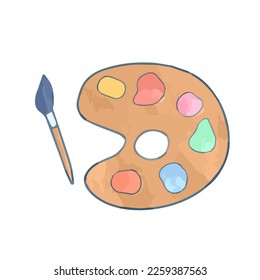 Hand drawn cute isolated palette with and colorful paint pigments and brush, watercolor doodle artwork, artist equipment element. Vector illustration EPS 10