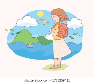 Hand drawn cute Jeju Island travel illustration. The woman is standing in the cool breeze and smiling.