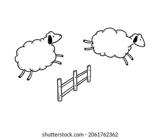 Hand Drawn Cute Jump Sheep. Doodle Sketch Style. Concept Of Sleep Time, Insomnia. Isolated Vector Illustration.