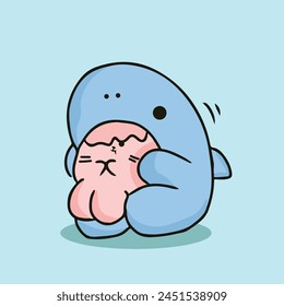 hand drawn cute kawai while hug a cute doll vector character 