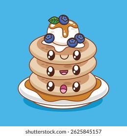 Hand drawn cute kawaii blueberry pancake cartoon illustration