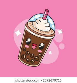 Hand drawn cute kawaii boba coffee float illustration