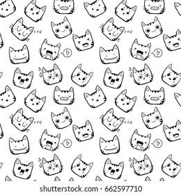 Hand drawn cute kawaii cat faces seamless