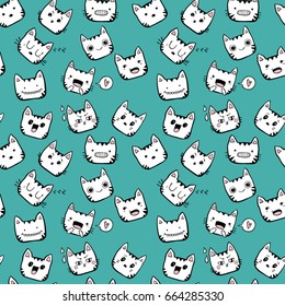Hand drawn cute kawaii cat faces seamless on green background