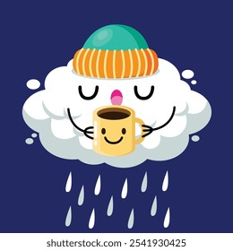 Hand drawn cute kawaii cloud and coffee flat illustration