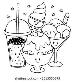 Hand drawn cute kawaii coloring page illustration with pudding, ice cream and boba milk tea. Vector coloring book design.