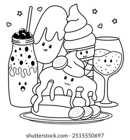 Handgezeichnete süße Kawaii-Malbuch Illustration mit Kuchen, Saft, Boba Milch und Eis. Design der Vektorfarbseiten.