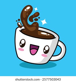 Hand drawn cute kawaii cup of coffee vector illustration