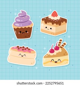 Hand drawn cute kawaii dessert sticker set illustration vector design