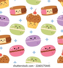 Handgezeichneter, süßer Kawaii-Nachtisch-Snack nahtloser Muster, Vektordesign