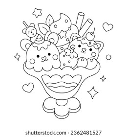 Hand drawn cute kawaii dessert ice cream coloring book vector illustration