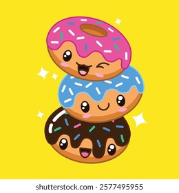 Hand drawn cute kawaii donuts vector illustration