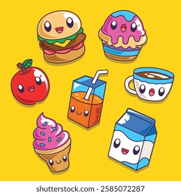 Hand drawn cute kawaii food and drink cartoon illustration