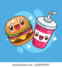 Hand drawn cute kawaii hamburger and soft drink vector collection