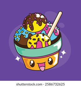 Hand drawn cute kawaii Ice cream vector illustration