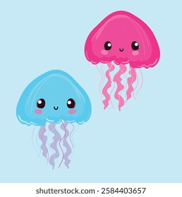 Hand drawn Cute Kawaii Jellyfish Print with Blue and Pink Colors Vector Illustration
