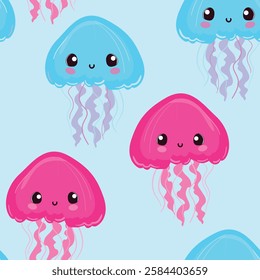 Hand drawn Cute Kawaii Jellyfish Seamless Vector Pattern with Pink and Blue Colors