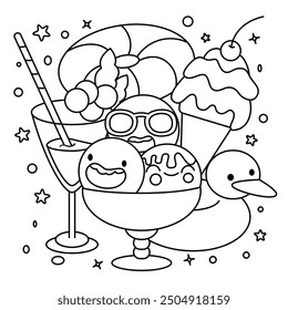 Hand drawn cute kawaii kids coloring book illustration with summer theme. Vector coloring page design.