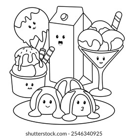 Hand drawn cute kawaii kids coloring book illustration with ice cream, milk, gelato and mochi. Fun dessert sweet theme. Vector drawing coloring page design.