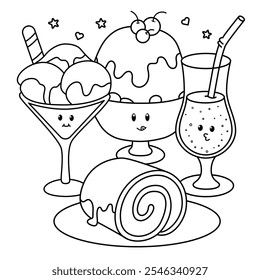 Hand drawn cute kawaii kids coloring book illustration with cake, ice cream, pudding and drink. Foods and beverage theme. Vector coloring page design.