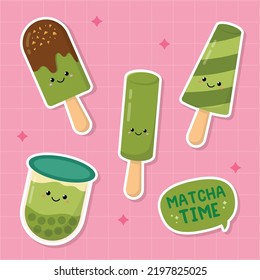 Hand drawn cute kawaii matcha green tea snack sticker set collection vector design