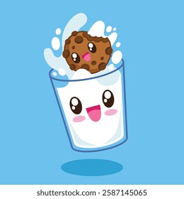 Hand drawn cute kawaii milk and cookies vector illustration