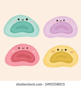 Hand drawn cute kawaii mochi set. Traditional japanese rice dessert. Set Flat Cartoon Character
