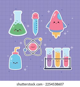 Hand drawn cute kawaii science themed sticker set illustration vector design