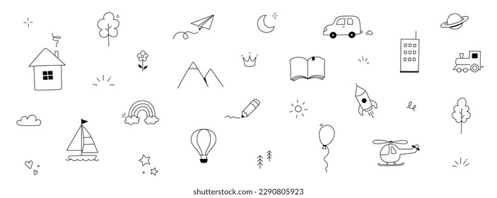 Hand drawn cute kid icon set background. Cute drawn sketch style doodle kid element rainbow, car, rocket, flower. Line pencil kid element. Vector illustration.