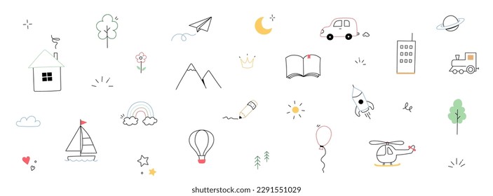 Hand drawn cute kid icon set background. Cute drawn sketch style doodle kid element rainbow, car, rocket, flower. Line pencil kid element. Vector illustration.