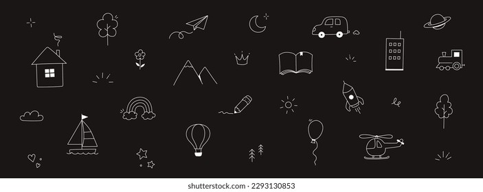 Hand drawn cute kid icon set chalkboard background. Cute drawn sketch style doodle kid element rainbow, car, rocket, flower. Line pencil kid element. Vector illustration.