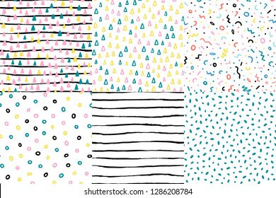 Hand drawn cute kids abstract seamless pattern set. Rustic, boho simple colorful background. Cartoon illustration