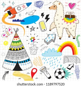 hand drawn cute kids doodle set 