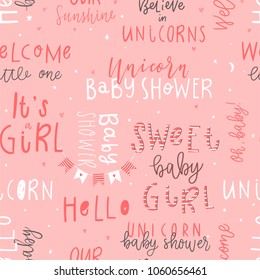 Hand drawn cute kids seamless pattern  with lettering in pink color Unicorn cartoon style text, phrases and quotes for girls party invitation, baby shower room decor, cards and posters, photo overlays