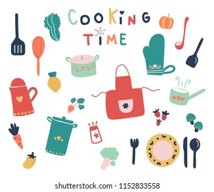 Hand drawn of cute kitchen tools and ready fpr cooking time on white background.
