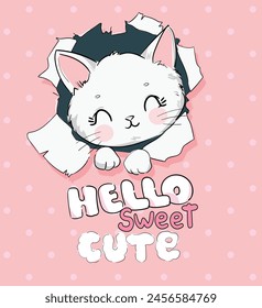 Hand Drawn cute kitten in paper hole vector illustration