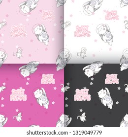 Hand drawn cute kitten with pattern vector set - Trendy scandinavian vector background.  Vector